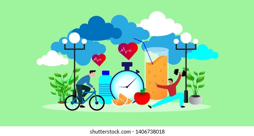 Healthy lifestyle concept with food and sport.  can use for, landing page, template, ui, web, mobile app, poster, banner, flyer.