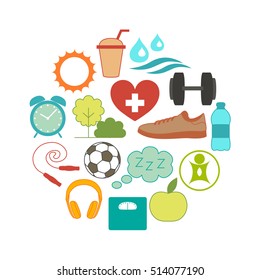 Healthy lifestyle concept with food and sport icons