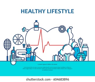 Healthy lifestyle concept with food and sport icons. Natural life vector background with heart shape.  