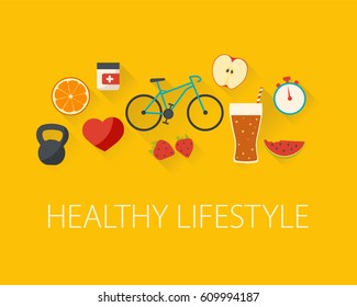 Healthy lifestyle concept. Food and sport. Flat design.