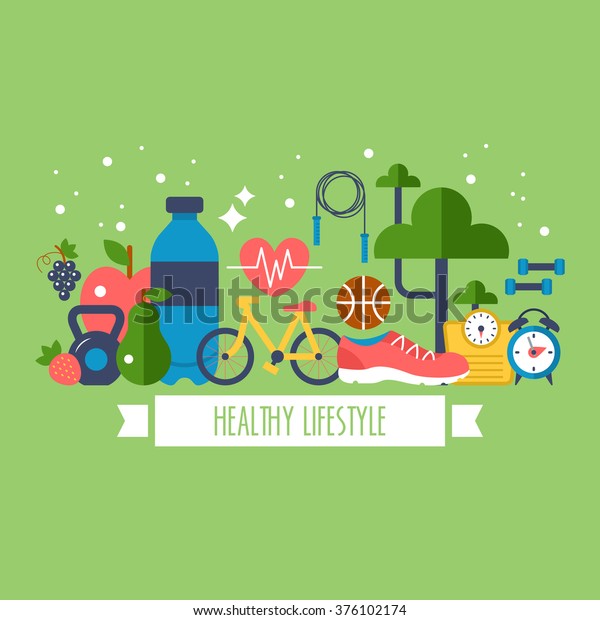 Healthy\
lifestyle concept with food and sport\
icons