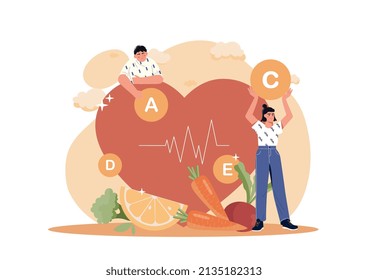 Healthy lifestyle concept. Girl and guy with vitamins near heart. Useful elements and nutritional supplements. Proper nutrition, good health and active lifestyle. Cartoon flat vector illustration