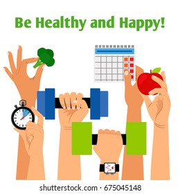 Healthy lifestyle concept with hands holding fitness, proper nutrition and daily routine symbols vector illustration