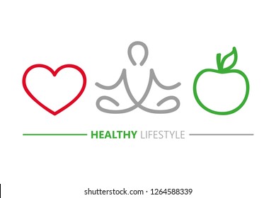 healthy lifestyle concept heart yoga and green apple vector illustration EPS10