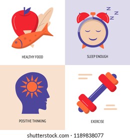 Healthy lifestyle concept icons set in flat style