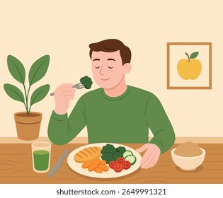 Ilustração do conceito de estilo de vida saudável de um homem desfrutando de uma refeição nutritiva com legumes, frango grelhado e suco. Dieta equilibrada e hábitos alimentares limpos em casa.