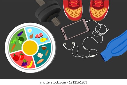 Healthy lifestyle concept illustration vector. Sport shoes, water bottle, dumbbell, smartphone with healthy food in plate.