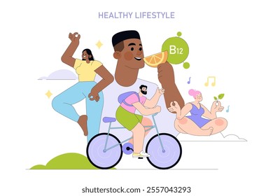 Healthy Lifestyle concept. Individuals engaging in fitness, nutrition, and wellness activities. Exercise, cycling, vitamins, and nature appreciation. Vector illustration.