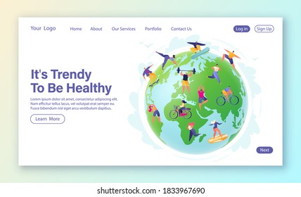 Healthy lifestyle concept for landing page template. Tiny people characters training, doing sports, running, cycling, snowboarding, skateboarding, yogi on the background of the big green planet Earth.