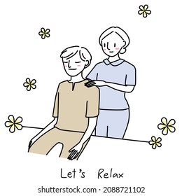 Healthy lifestyle concept with man with closed eyes enjoying back and shoulder massage from masseuse in spa salon. Massage therapist giving shoulder massage to young man.