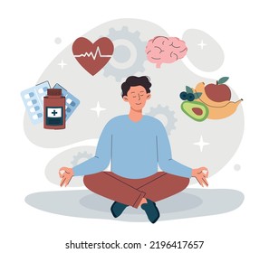 Healthy lifestyle concept. Man sits in lotus position surrounded by icons of medicines, diet. Health care, active lifestyle and sport. Poster or banner for website. Cartoon flat vector illustration - Shutterstock ID 2196417657