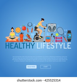 Healthy Lifestyle Concept for Mobile Applications, Web Site, Advertising with Exercise Bike, Yoga, Scales and Gadgets Flat Icons. Vector Banner.