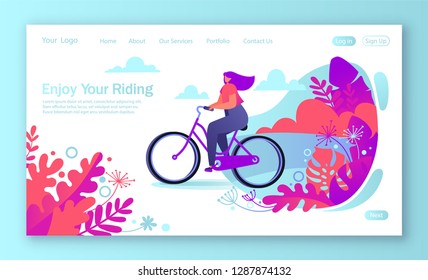 Healthy lifestyle concept for mobile website, web page. Bicycle riding girl. Park with trees and plantrs on background. Flat, cartoon, trendy, vector illustration.