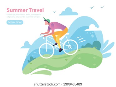 Healthy lifestyle concept for mobile website, web page. Bicycle riding man. Park with trees and plantrs on background. Flat, cartoon, trendy, vector illustration. Concept of landing page