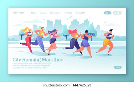 Healthy lifestyle concept for mobile website, web page. Active people characters running marathon distance. Flat, cartoon, trendy, vector illustration. Concept of landing page. Summer, outdoor sports.