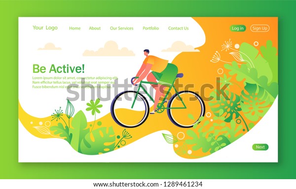 Healthy lifestyle concept for mobile website, web page. Bicycle riding man. Park with trees and plantrs on background. Flat, cartoon, trendy, vector illustration. Concept of landing page. 