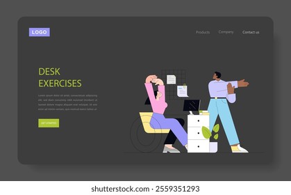 Healthy lifestyle concept. Office workers performing stretching exercises at their desk for wellness. Promoting fitness in the workplace routine. Vector illustration.