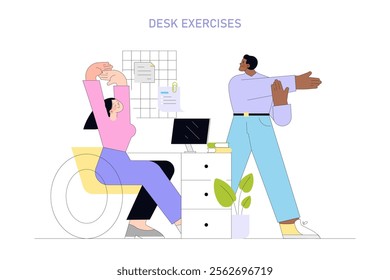 Healthy Lifestyle concept. Office workers perform desk exercises for wellness. Featuring stretching poses to promote physical activity at work. Vector illustration.