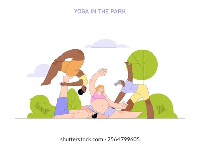 Healthy Lifestyle concept. People practicing yoga in a park, promoting physical fitness and mental well-being. Outdoor exercise session in nature. Vector illustration.
