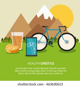 Healthy lifestyle concept represented by smartphone bike and juice icon. Colorfull and flat illustration.
