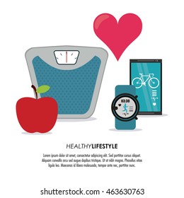 Healthy Lifestyle Concept Represented By Weight Apple Watch Smartphone And Heart Icon. Colorfull And Flat Illustration.