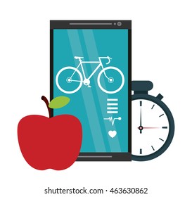 Healthy lifestyle concept represented by smartphone apple chronometer icon. Colorfull and flat illustration.