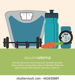 Healthy lifestyle concept represented by weight carrot bottle and watch icon. Colorfull and flat illustration.