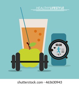 Healthy lifestyle concept represented by watch juice and apple icon. Colorfull and flat illustration.