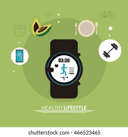 Healthy lifestyle concept represented by watch weight smartphone and avocado icon. Colorfull and flat illustration.