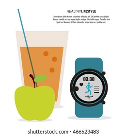 Healthy lifestyle concept represented by juice watch and apple icon. Colorfull and flat illustration.