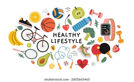 Healthy Lifestyle Concept set. Fitness equipment, nutritious foods and sports activities. Balanced and active lifestyle for wellbeing. Trendy modern vector illustration isolated on white, flat design