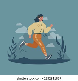 Healthy lifestyle concept. Sport as daily routine. Young woman jogging doing cardio workout. Self-care schedule. Flat vector illustration