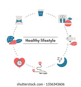 Healthy Lifestyle concept with sport and diet icons. Trendy flat design.