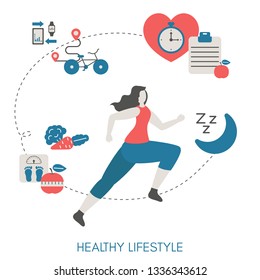 Healthy Lifestyle concept with sport and diet icons. Trendy flat design.