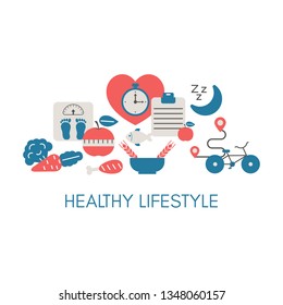 Healthy Lifestyle concept with sport and diet icons. Trendy flat design.