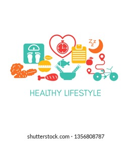 Healthy Lifestyle concept with sport and diet icons. Vector illustration.
