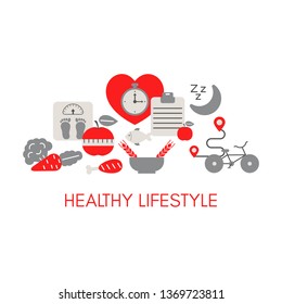 Healthy Lifestyle concept with sport and diet icons. Trendy flat design.