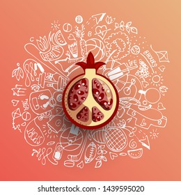 Healthy lifestyle concept with sport and healthy diet doodles and icons - sport, food, happy and normal sleep icons around fresh, juicy garnet, pomegranate on white background. Healty diet and sport