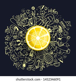 Healthy lifestyle concept with sport and healthy diet doodles and icons - sport, food, happy and normal sleep icons around fresh, juicy lemon on white background. Healty diet and sport concept