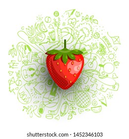 Healthy lifestyle concept with sport and healthy diet doodles and icons - sport, food, happy and normal sleep icons around fresh, juicy strawberry on white background. Healty diet and sport concept