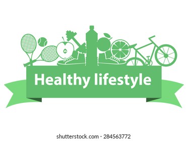 Healthy lifestyle concept. Sport equipment and food on the ribbon. Vector illustration