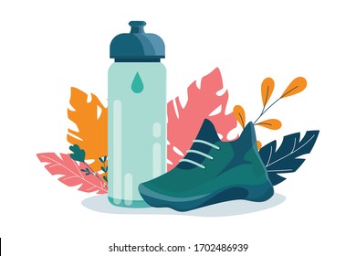 Healthy lifestyle concept. Sport sneakers and sport bottle. Fitness running or jogging concept. Idea of healthy and active lifestyle. Isolated flat vector illustration