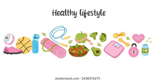 Healthy lifestyle concept. Sports equipment, healthy eating, scales. Horizontal composition of multi-colored elements on a white background.