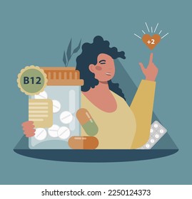 Healthy lifestyle concept. Supplements, vitamins, minerals and protein pills. Character taking medications. Self-care schedule. Flat vector illustration