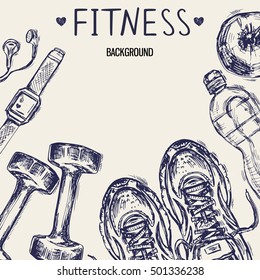 Healthy lifestyle concept. Template with hand drawn sneakers, apple, bottle of water, fitness tracker, earphones and dumbbells