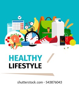 Healthy lifestyle concept. Training equipment and fitness clothes for sport activity with place for text. Vector illustration