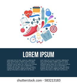 Healthy lifestyle concept. Vector fitness icons in flat style - healthy food and training, sport, dieting, weight loss.