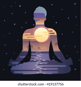 Healthy lifestyle concept. Vector full moon background with silhouette of man practicing yoga in the lotus position. Yoga exercises and recreation. Yoga lifestyle.