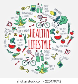 Healthy Lifestyle Concept. Vector Hand Drawn Doodle Background 