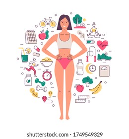 Healthy lifestyle concept. Vector illustration of young cartoon smiling woman with slim body, surrounded by healthy lifestyle icons. Isolated on white